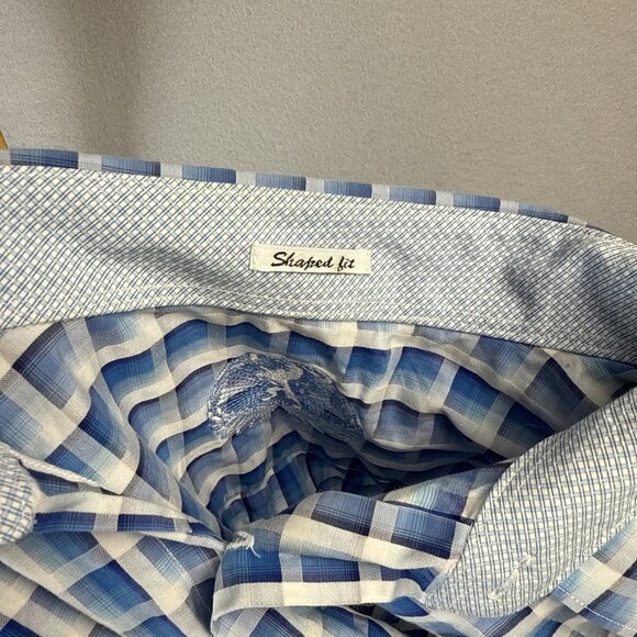 Bugatchi Shirt Mens L Large Blue Plaid Shaped Fit Short Sleeve Button Up Cotton - Picture 9 of 10
